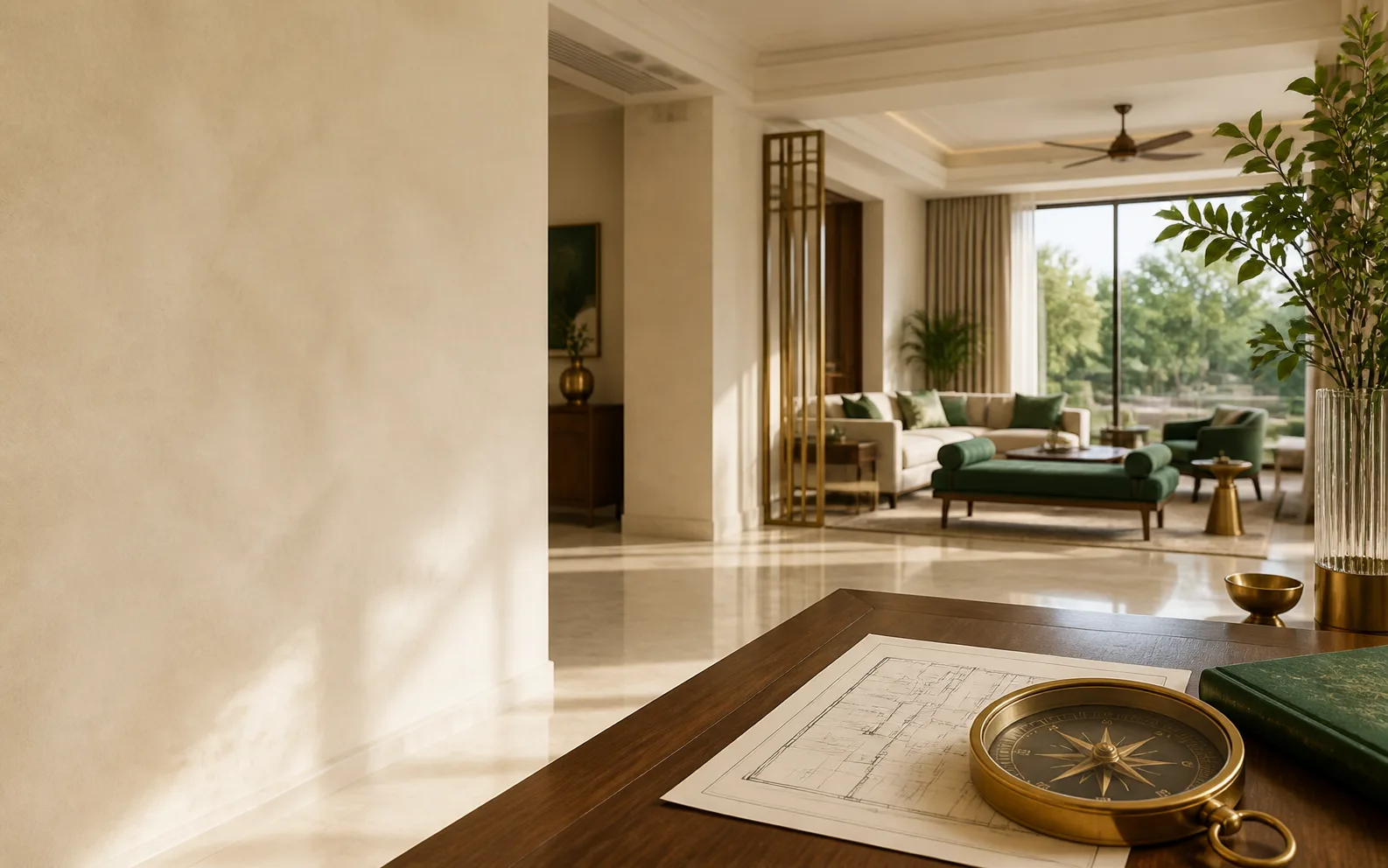 Luxury home interior with a Vastu floor plan and brass compass
